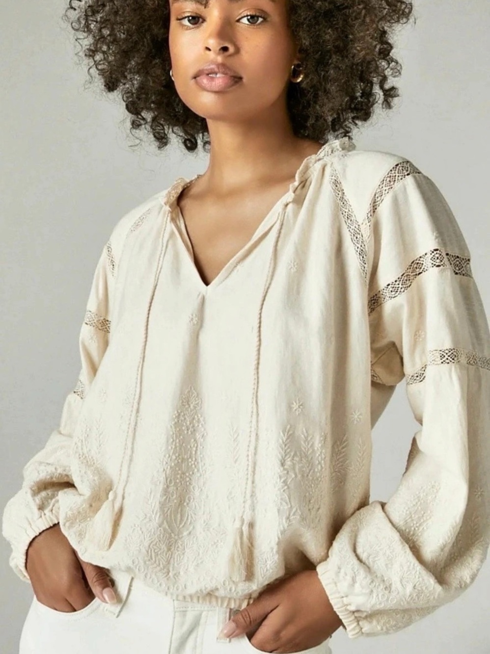 Lucky Brand Lace Long Sleeve 100% Cotton Peasant Top Cream Size M